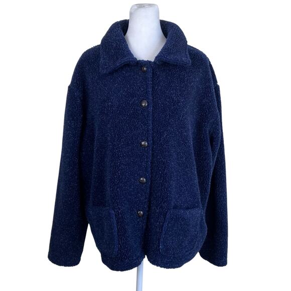 Kim Rogers Sz L Vtg 90s Navy Fuzzy Fleece Teddy Jacket Shacket Button-up Boxy - Picture 1 of 16